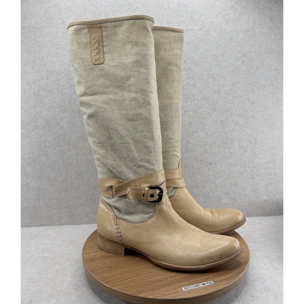 Gino Rossi Tall Leather Canvas Boots 37 Tan Equestrian Buckle Boho 4543